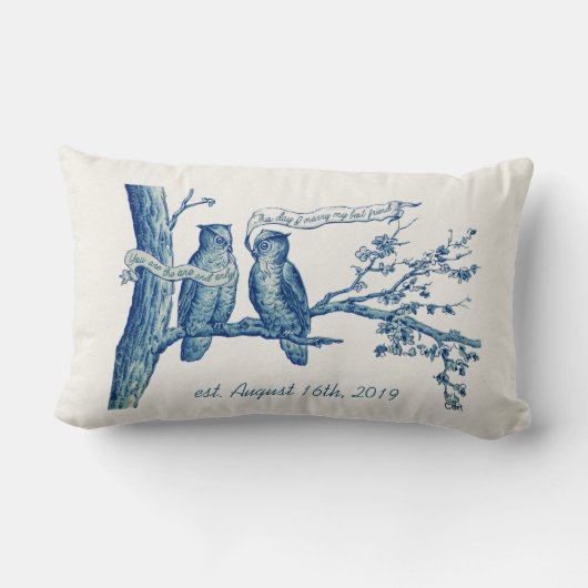 Gepersonaliseerde Uil Paar in Boom Bruiloft Kussen (Achterkant)