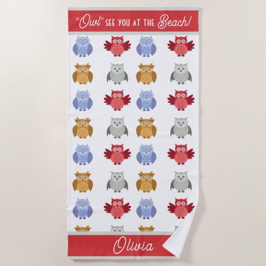 Gepersonaliseerde Uil See You bij de Beach Name Strandlaken (Voorkant)