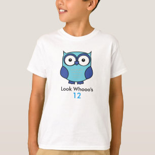 Gepersonaliseerde Uil verjaardag blauw T-shirt
