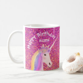 Gepersonaliseerde Unicorn Birthday roze glitter Koffiemok