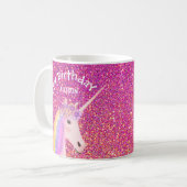 Gepersonaliseerde Unicorn Birthday roze glitter Koffiemok (Voorkant links)