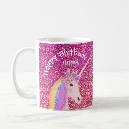Gepersonaliseerde Unicorn Birthday roze glitter Koffiemok