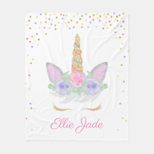 Gepersonaliseerde Unicorn Face Waterverf Sprinkles Fleece Deken (Voorkant)