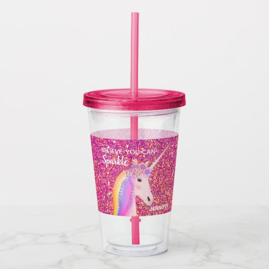 Gepersonaliseerde Unicorn Girly Pink Glitter Spark Acryl Drinkbeker (Voorkant)