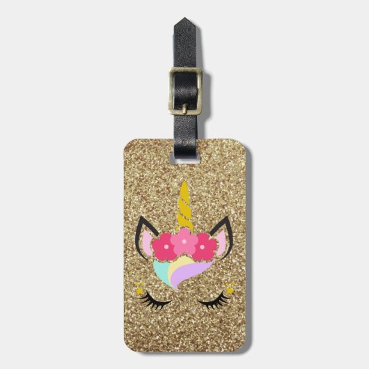 Gepersonaliseerde Unicorn Gold Glitter Bagagelabel (Voorkant verticaal)
