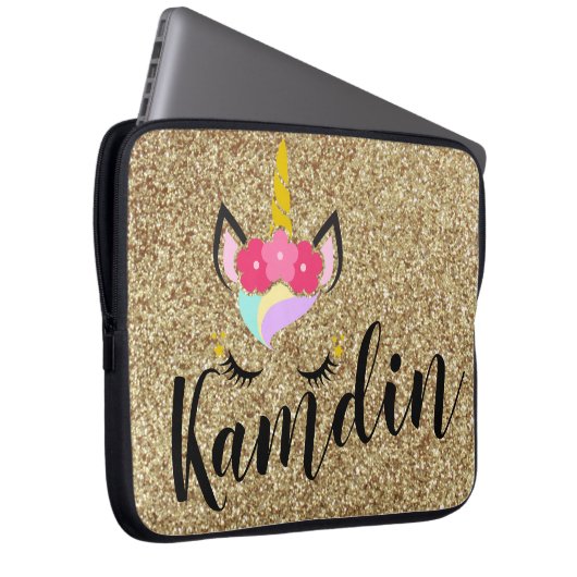 Gepersonaliseerde Unicorn Gold Glitter Laptop Hoes (Voorkant Rechts)