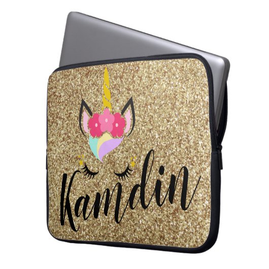 Gepersonaliseerde Unicorn Gold Glitter Laptop Hoes (Voorkant Links)