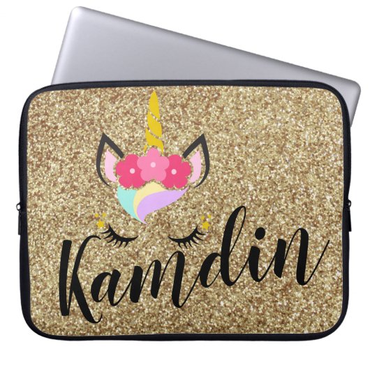 Gepersonaliseerde Unicorn Gold Glitter Laptop Hoes (Voorkant)