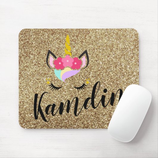 Gepersonaliseerde Unicorn Gold Glitter Muismat (Met muis)