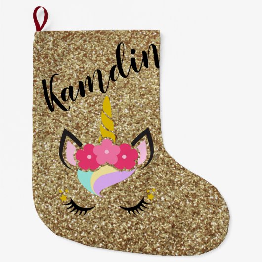 Gepersonaliseerde Unicorn Gold Glitter Stocking Grote Kerstsok (Voorkant)