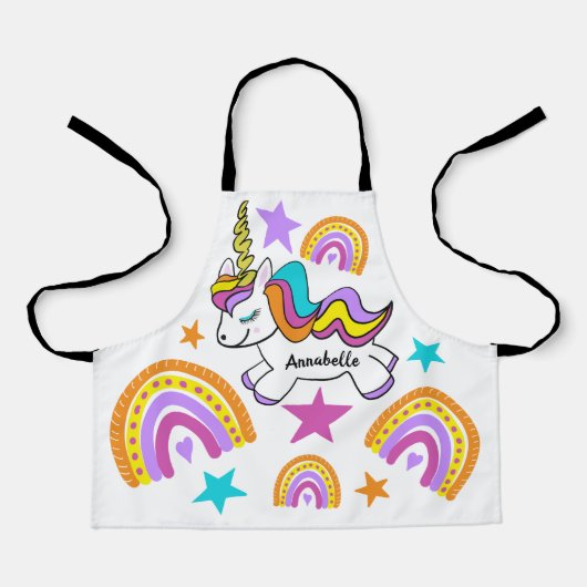 Gepersonaliseerde Unicorn Hearts Stars Rainbows Schort (Voorkant)