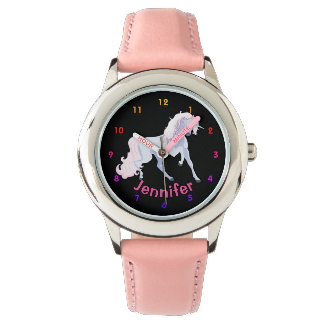 Gepersonaliseerde UNICORN Meisjes kijken Roze Hart Horloge (Voorkant)