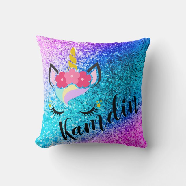 Gepersonaliseerde Unicorn Ombre Fade Glitter Kusse Kussen (Voorkant)