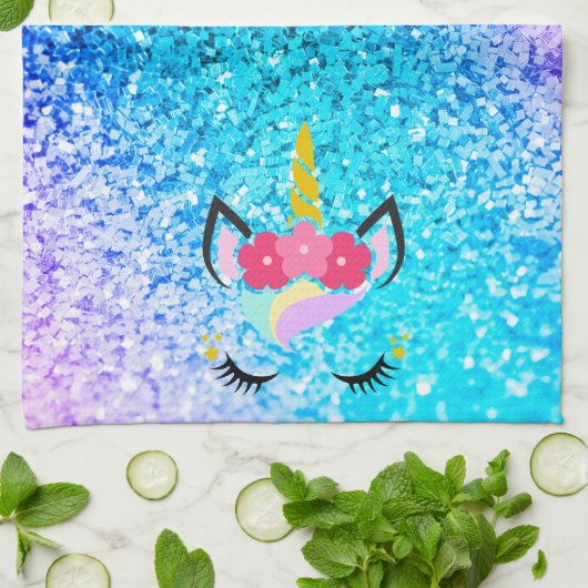 Gepersonaliseerde Unicorn Ombre Glitter Keukenhand Theedoek (Gevouwen)