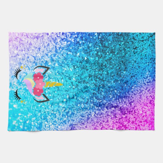 Gepersonaliseerde Unicorn Ombre Glitter Keukenhand Theedoek (Horizontaal)