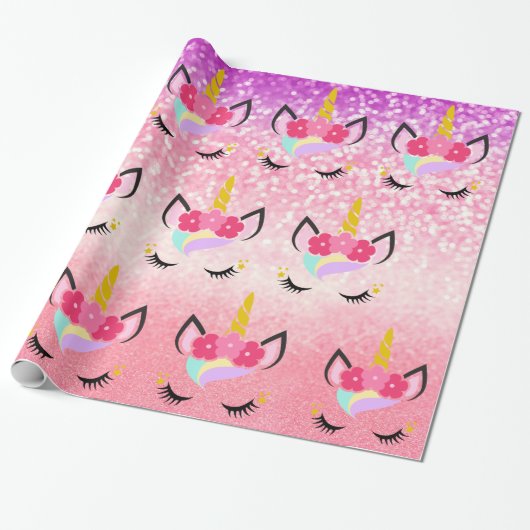 Gepersonaliseerde Unicorn Ombre Glitter Wrapping P Cadeaupapier (Uitgerold)