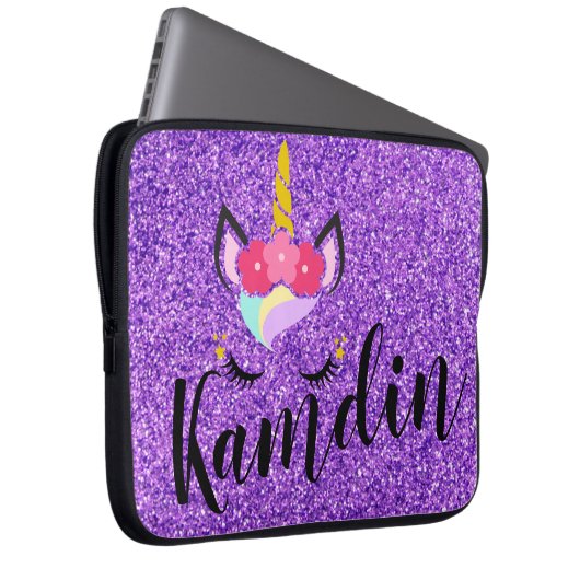 Gepersonaliseerde Unicorn Paarse Glitter Laptop Ho Laptop Sleeve (Voorkant Rechts)