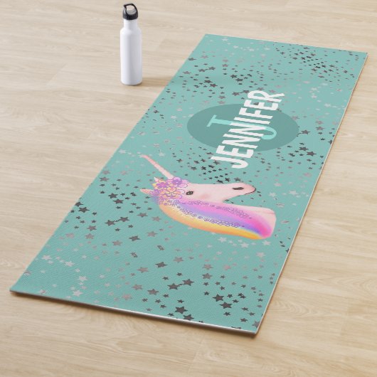 Gepersonaliseerde Unicorn Rainbow Blauwgroen sterr Yogamat (In situ)