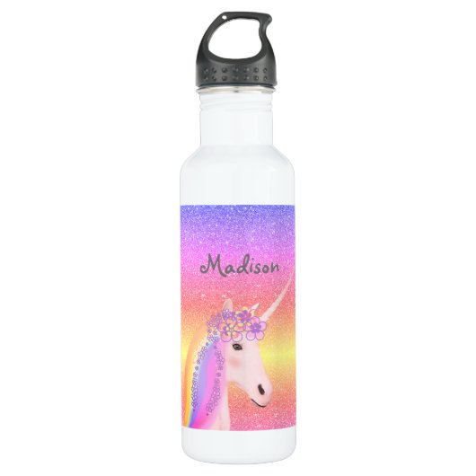 Gepersonaliseerde Unicorn Rainbow Glitter Kinderen Waterfles (Voorkant)