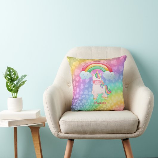 Gepersonaliseerde Unicorn Rainbow Hearts Kussen (Stoel)