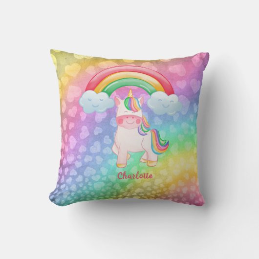 Gepersonaliseerde Unicorn Rainbow Hearts Kussen (Voorkant)
