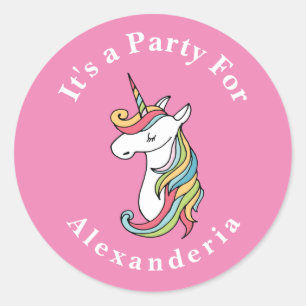 Gepersonaliseerde Unicorn Rainbow roze Birthday Pa Ronde Sticker