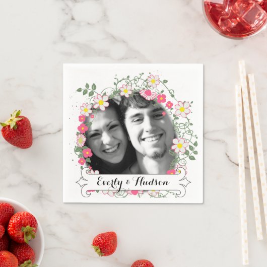 Gepersonaliseerde uw foto Garland Floral Wedding Servetten (Insitu)