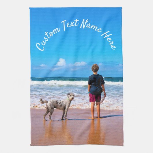 Gepersonaliseerde uw foto keukenhanddoek met tekst (Verticaal)