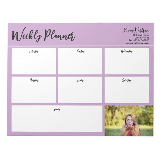 Gepersonaliseerde uw foto Weekly Planner Lavendel Notitieblok (Voorkant)