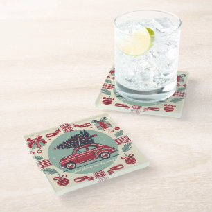 Gepersonaliseerde  vakantie retro kerstauto glazen onderzetter