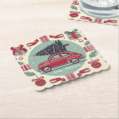 Gepersonaliseerde vakantie retro kerstauto kartonnen onderzetters (Gebogen)