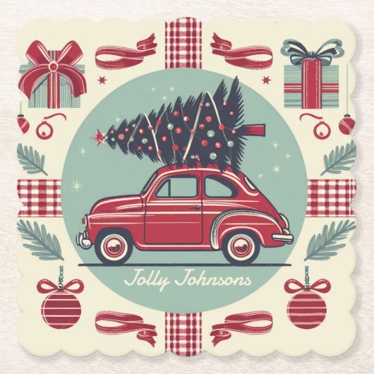 Gepersonaliseerde vakantie retro kerstauto kartonnen onderzetters (Voorkant)