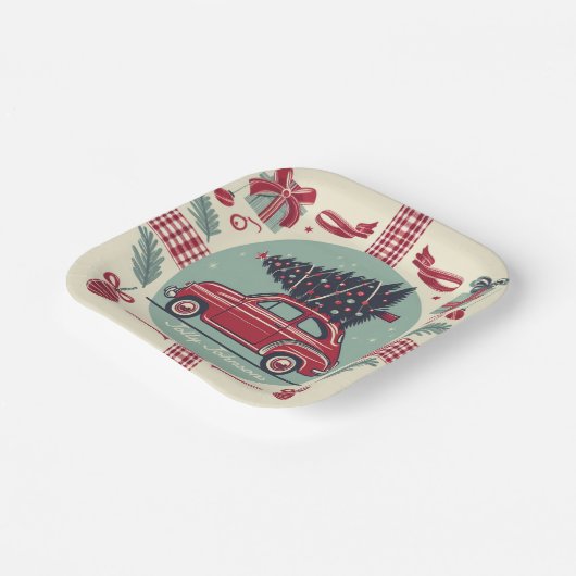 Gepersonaliseerde  vakantie retro kerstauto papieren bordje (Gebogen)