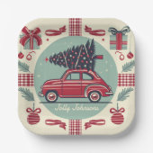 Gepersonaliseerde  vakantie retro kerstauto papieren bordje (Voorkant)