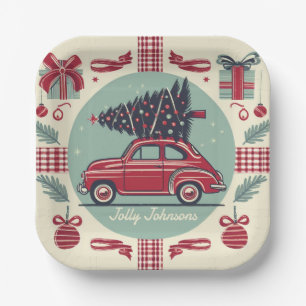Gepersonaliseerde  vakantie retro kerstauto papieren bordje