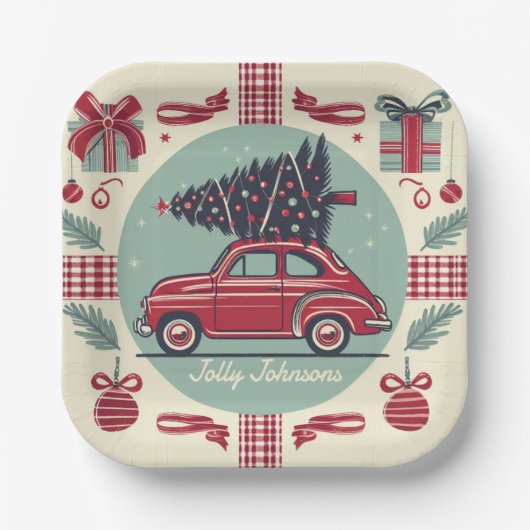Gepersonaliseerde  vakantie retro kerstauto papieren bordje (Voorkant)