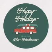 Gepersonaliseerde vakantie retro rode wagon kerst labels (Design 2)