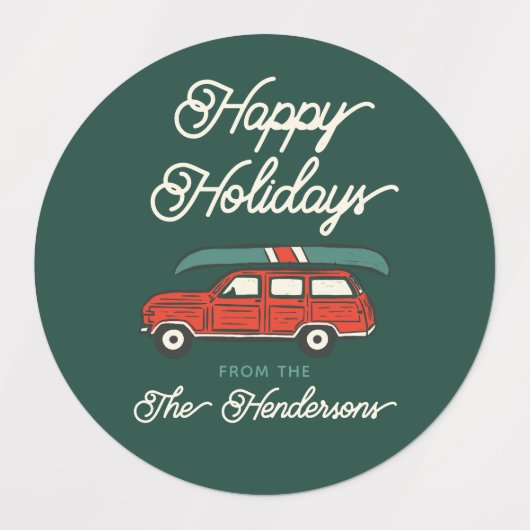 Gepersonaliseerde vakantie retro rode wagon kerst labels (Design 1)