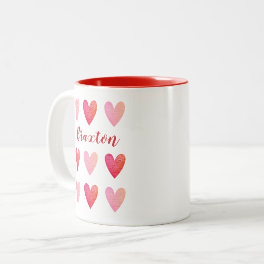 Gepersonaliseerde Valentijnsdag roze rode harten Tweekleurige Koffiemok (Voorkant links)