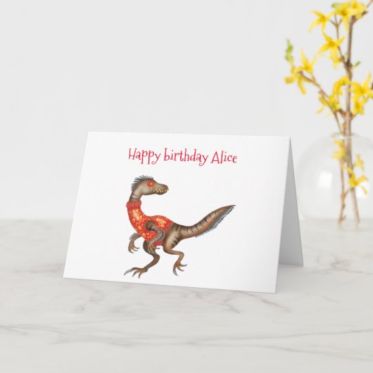 Gepersonaliseerde Velociraptor verjaardagskaart Kaart (Gele Bloem)