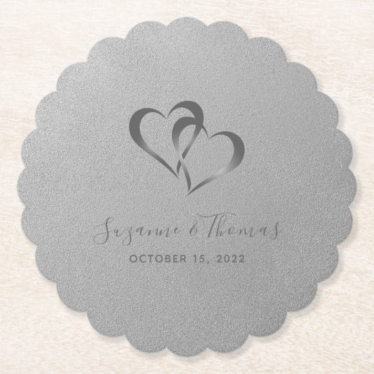 Gepersonaliseerde Verbonden Harten Zilver Grijs Kartonnen Onderzetters (Voorkant)