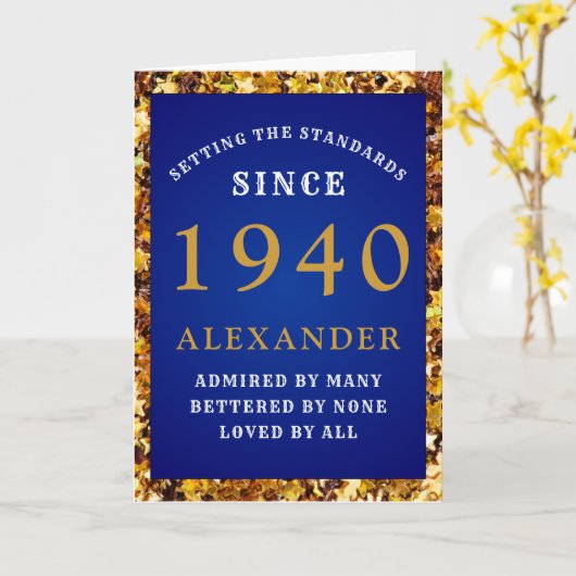 Gepersonaliseerde Verjaardag 1940 Gold Glitter Blu Kaart (Gele Bloem)