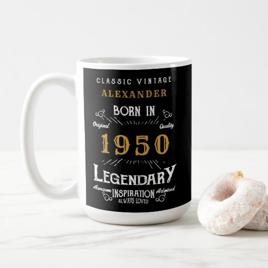 Gepersonaliseerde verjaardag 1950 Legendary Black  Koffiemok (Met donut)