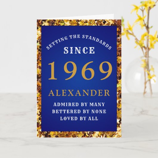 Gepersonaliseerde Verjaardag 1969 Blauw Goud Glitt Kaart (Gele Bloem)