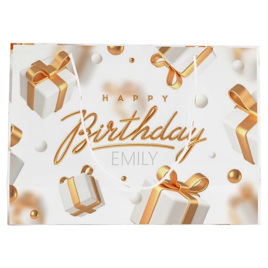 Gepersonaliseerde Verjaardag goud en witte Strepen Groot Cadeauzakje (Achterkant)