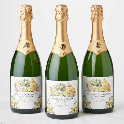Gepersonaliseerde Verjaardag Lemon Tea Party  Sparkling Wijnetiket (Flessen)