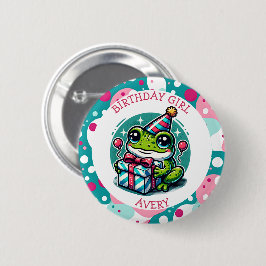 Gepersonaliseerde verjaardag meisje | kikkerthema ronde button 5,7 cm