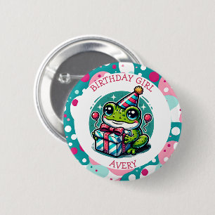 Gepersonaliseerde verjaardag meisje   kikkerthema ronde button 5,7 cm