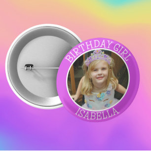 Gepersonaliseerde verjaardag Meisje Naam en foto Ronde Button 5,7 Cm
