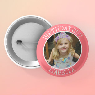 Gepersonaliseerde verjaardag Meisje   Naam en foto Ronde Button 5,7 Cm